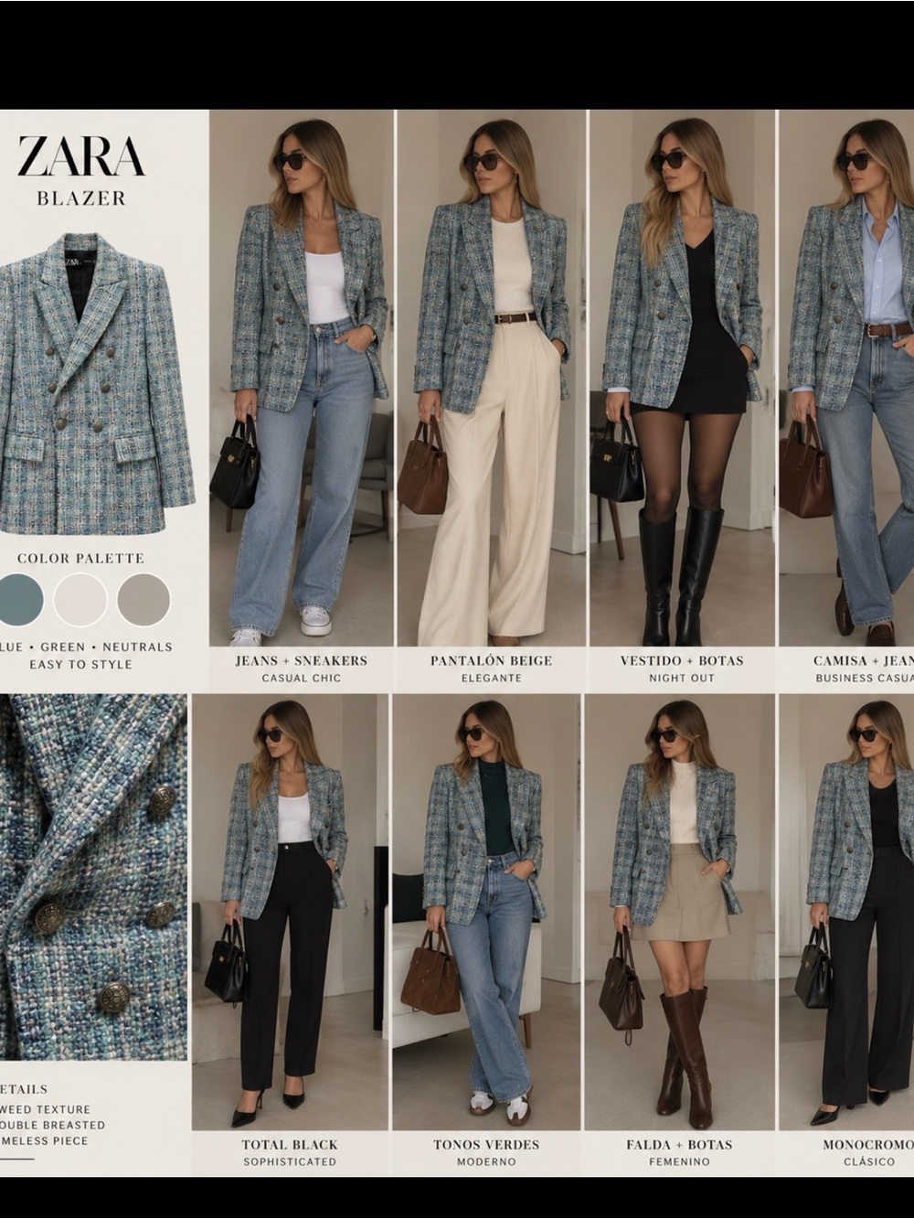 ZARA Blue-Green Tweed Double-Breasted Blazer with Neutrals